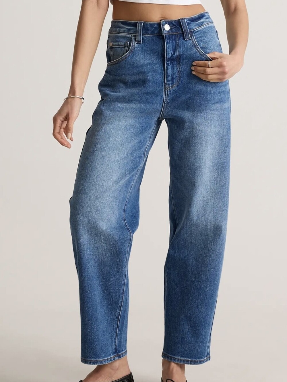 Quince Bella Stretch Barrel Jeans Athlantic Blue Size 26 Inseam 28 - Picture 2 of 10